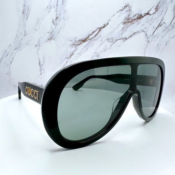 Gucci Black Sunglasses Oversized Aviator Mask Shield Gold Metal Logo Authentic - Picture 14 of 16
